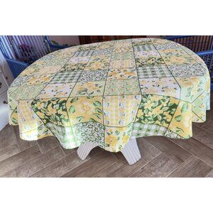 VTG Calico Tablecloth 100% Cotton Round Windham Weavers Yellow Green Cottage
